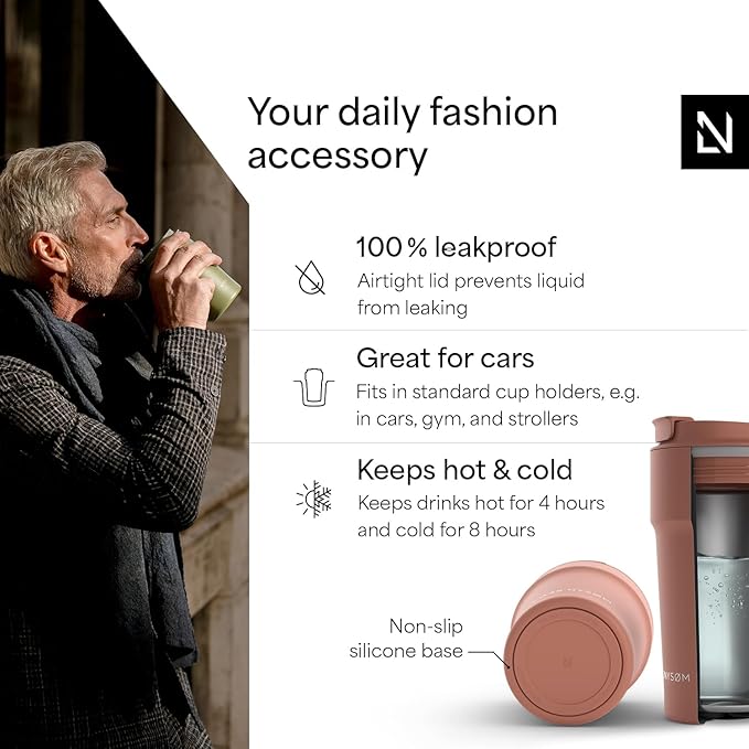 LARS NYSØM Thermo Coffee Mug to go 17oz | Travel Mug 0.5 Liter with Insulation | Silicone grip base | Leak Proof Stainless Steel Tumbler for Coffee and Tea on the Go (Powder Brick Red, 17oz)