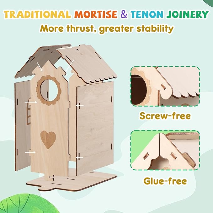 JMMICO 3 Pack Bird Houses Kits for Kids, Wooden Painting Arts and Crafts for Kids Ages 8-12, Build & Paint Your Own Bird Houses and Wind Chime Kits, Toddlers Easter Gifts for Girls Boys