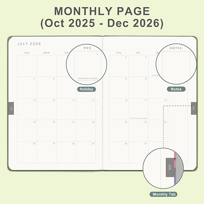 And Per Se 2026 Planner, 15 Months Hardcover Daily, Weekly & Monthly Planner, A5 size, 100GSM Thick Paper, Back Pocket, 5.7" x 8"(Olive Green)