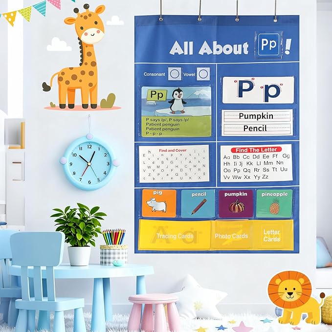 Alphabet Learning Pocket Chart, 41 * 28 Inch All About Letter Pocket Chart, ABC Letter Tracing & Sound Recognition Activity Wall Chart for Toddlers, Preschool & Homeschool Classroom Must Haves