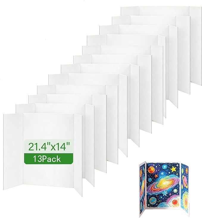 13 Pcs Trifold Poster Board 21.4" x 14", White Corrugated Presentation Board with Double Sided Tapes, Display Board for School Project, Science Fair