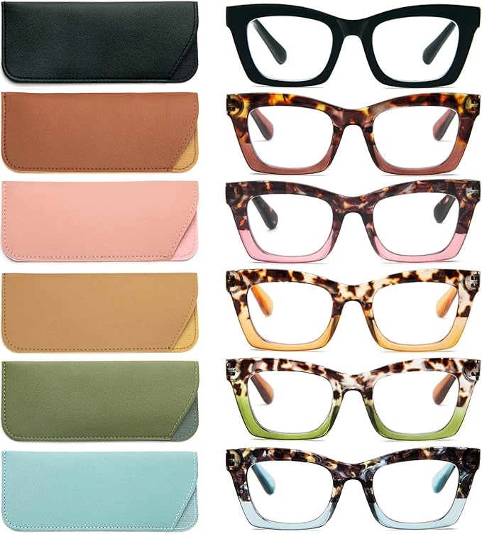 REAVEE 6 Pack Reading Glasses for Women Blue Light Blocking, Cute Square Computer Readers with Spring Hinge
