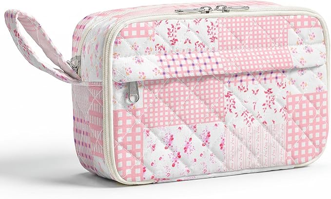 WOBAGMEN Quilted Pencil Pouch for Girls Women, Large Pencil Case Pouch with Compartments Cute Aesthetic Pencil Case Organizer, Floral Pencil Bag for School Supplies (Pink Patchwork)