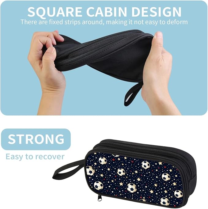 Firmiso Kids Pencil Case, Soccer Star Pattern, Large Capacity Double Zipper Pencil Pouch with Compartments, Durable Polyester Stationery Organizer, Pen Case for Boys Girls Students