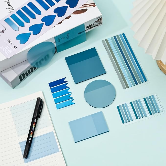 Temiary 1160 Sheets Transparent Sticky Notes with Pen, 3 x 3 Inch Waterproof See Through Clear Sticky Note with Index Tabs Set for Annotating Journaling, Bible Study Book Annotation (Blue)