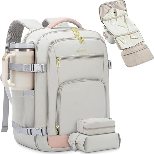 LOVEVOOK Travel Backpack for Women, 50L Carry On Backpack Flight Approved with Garment Bag, Personal Item Travel Bag Fit 17 Inch Laptop, Business Weekender Overnight Daypack With 2 Cubes, Pink-Grey