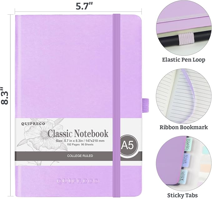 2Pack Lined Hardcover Journal Notebook, A5 192 Pages 100Gsm Thick Paper College Ruled for School,Note Taking,Work,Diary，5.7''*8.3'',Lavender