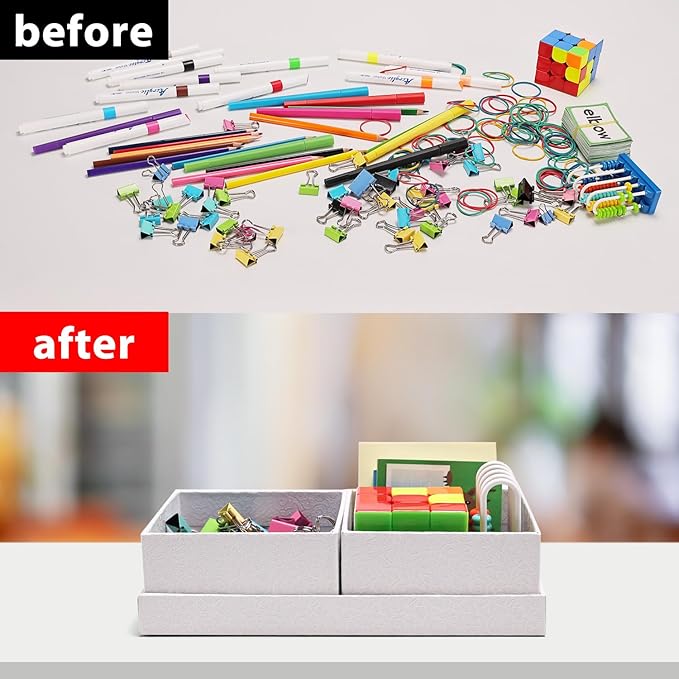 Desk Organizer,Office Desk Accessories,Paperboard Desktop Organizer with Pen Pencil Holder and Sticky Note Tray,Paperclip Storage, White