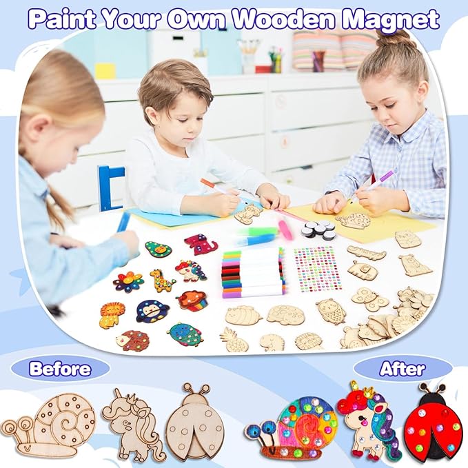 EAPHANT Kids Crafts, 30 PCS Kids Activities Arts and Crafts Painting Kits, Glow in The Dark Wooden Magnets to Paint