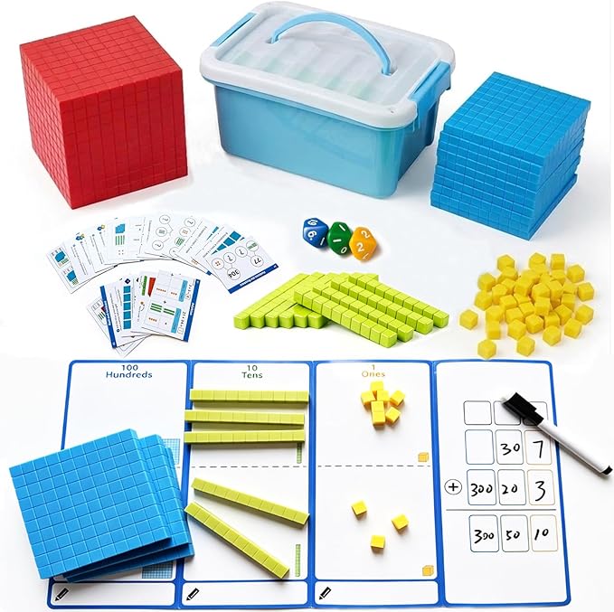 Base Ten Blocks 153 pcs Math Manipulatives, Base 10 Blocks for Math, Math Cubes & Place Value Blocks for Kids, Math Counters for 1st Grade Kindergarten Classroom Homeschool Learning Kit