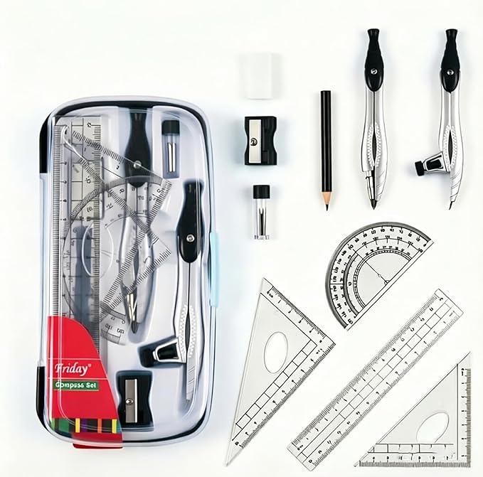 Marte Vanci 10 Piece Geometry Set, Math Geometry Kit with Storage Case, Includes 2 Compasses Rulers Protractor Pencil Eraser Sharpener Lead Refills Student Supplies for Drafting, Math Study (Black)