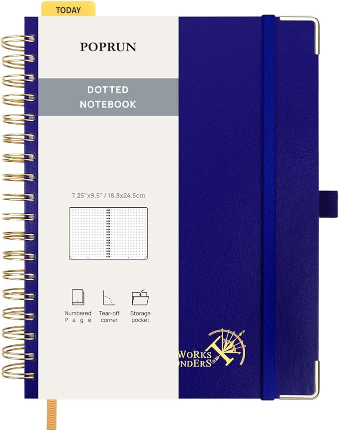 POPRUN Dotted Journal Spiral Notebook, B5-7-1/4 x 9-1/2", 220 Pages, 120 GSM Dot Grid Notebooks, Hardcover Spiral Journals for Writing Journaling Drawing Women Men Work School, Royal Blue