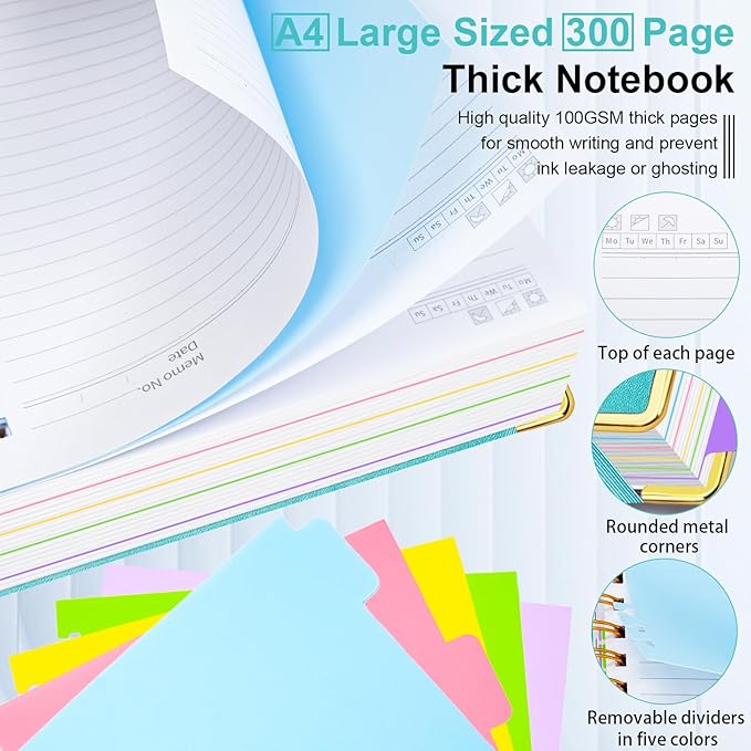 Hardcover Spiral Notebook 8.5"x11" Journal Notebook with Tabs and Removable Dividers 300 Pages 5 Subject Notebook College Ruled, Faux Leather Spiral Bound Notebook for Women School Work(Blue)