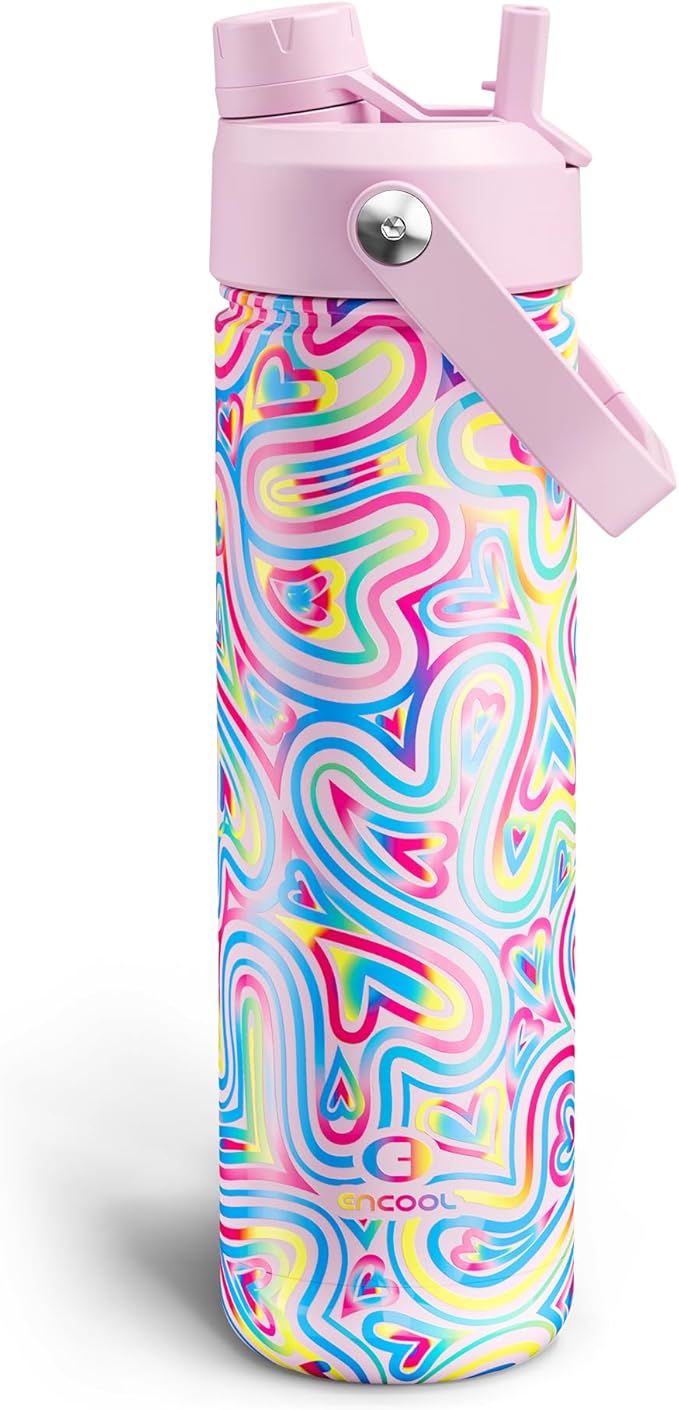 ENCOOL Insulated Water Bottle with Straw Stainless Steel Water Bottle, Leak-Proof, BPA-Free, Double Wall Vacuum Keeps Cold for 24 Hours for Sports, Travel, School (26 oz, Heart Swirl Pink)