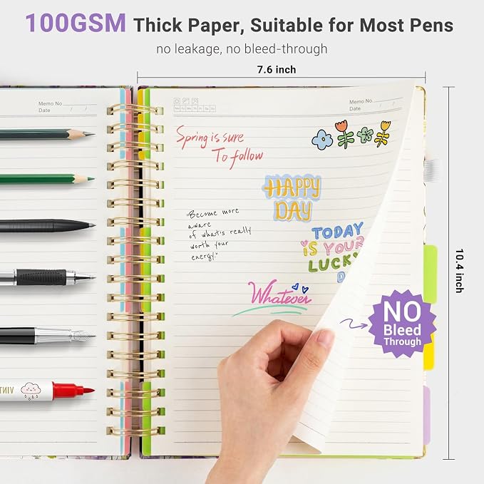 Hardcover Spiral Journal Notebook, 300 Pages 5 Subject Notebook College Ruled with Removable Dividers Tabs, 8" x 10" Notebooks for Work, Spiral Ruled Lined Writing Journal Hardcover Leather Notebook for School (Colorful Floral, 8''x 10'')