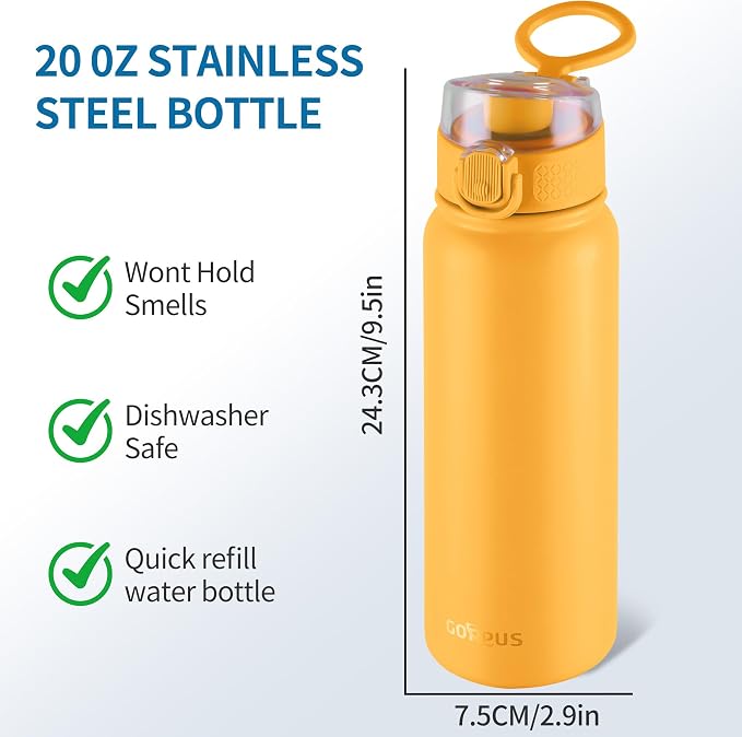 GOPPUS 20 Oz Insulated Stainless Steel Water Bottle BPA-Free Sports Water Bottle, Great for Travel, with Chug Lid - Leak & Sweat Proof with Anti-Dust Lid(Orange)