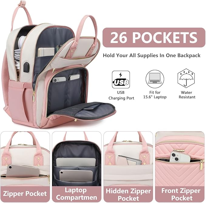 bagswan Laptop Backpack for Women Work - 15.6 Inch Travel Backpack Fashion Work Business Backpacks Purse Warterproof College Teacher Nurse Computer Daypack Beige Pink
