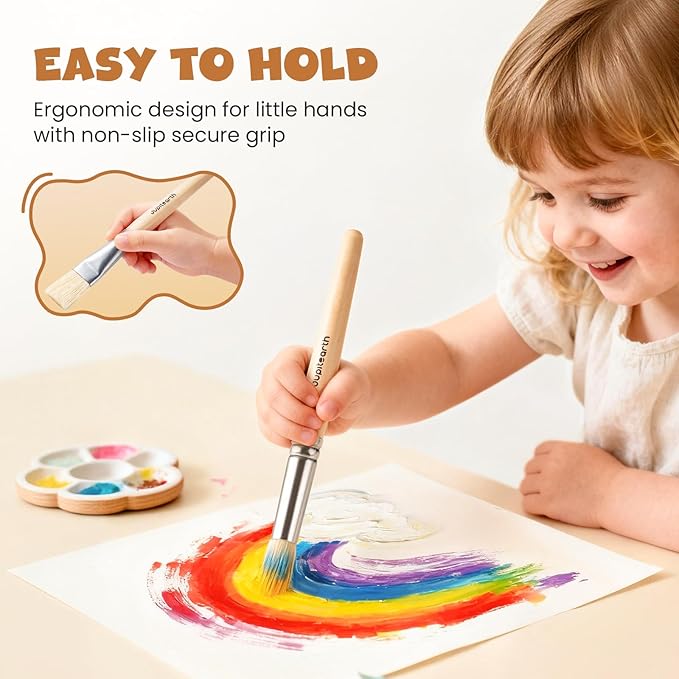 JUPITEARTH Jumbo Paint Brushes for Kids, Easy Grip Round and Flat Toddler Paint Brushes with Natural Wood Handles for Washable Paint and Acrylic Paint, 10 Pcs
