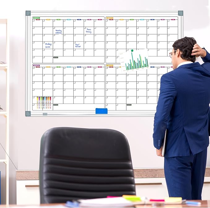 Magnetic Calendar Whiteboard for Wall, 4 Month White Board Calendar Dry Erase Board 48" x 36", Wall Mounted Board Planner for Office, School, Home, Store