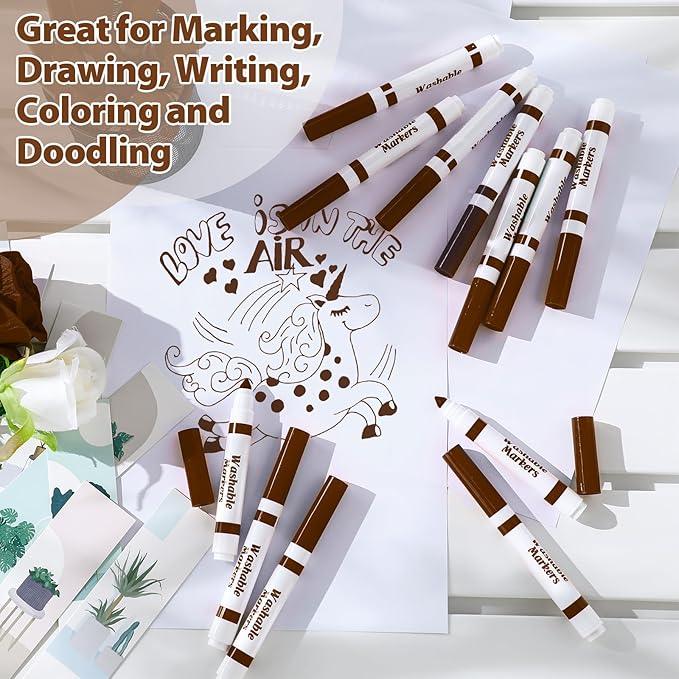 36 Pcs Dark Brown Washable Markers Bulk Coloring Broad Line Markers for Kids Conical Tip Drawing Pen for Christmas, School, Travel Art Baby Shower Gender Reveal Party Supplies, Ages 6+