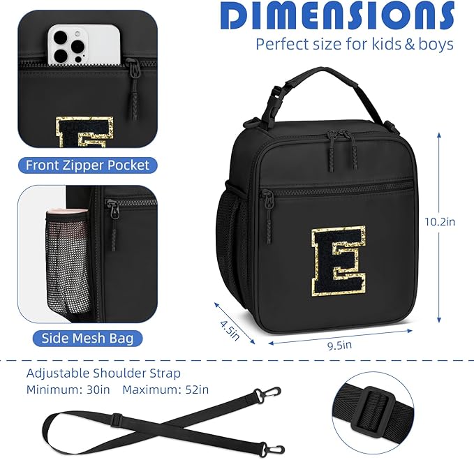Initial Insulated Lunch Bag for Boys Kids, Back to School Gift, Reusable Leak-proof Lunch Box with Adjustable Strap for School Daycare Travel Picnic（Black，E）