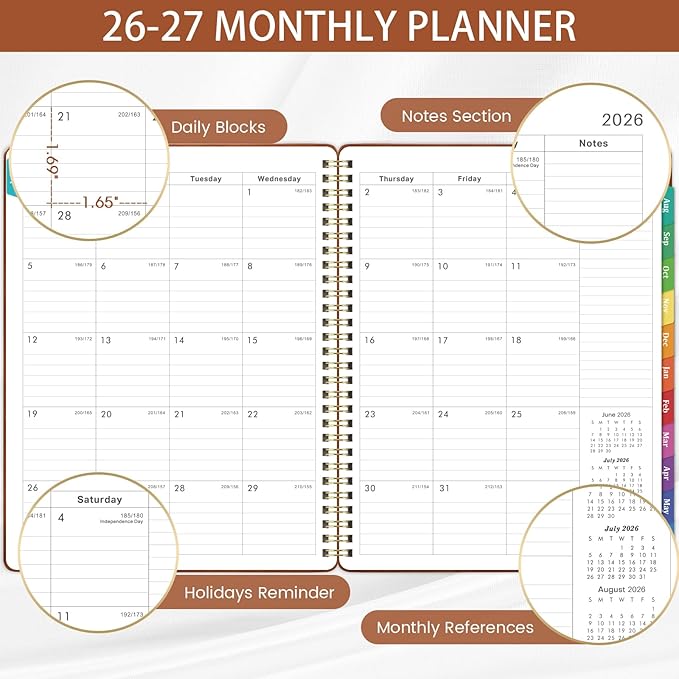 Planner 2026-2027 - July 2026 - June 2027, 2026-2027 Academic Weekly Monthly Planner, 8" x 10", Leather Brown Cover, Spiral Bound, Tabs
