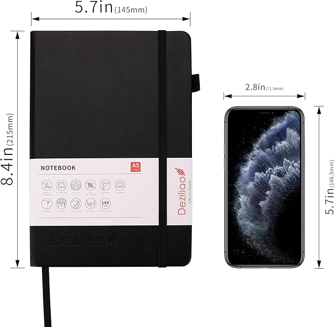 Lined Journal Notebooks with Pen Loop, Hardcover Notebook Journal for Work, 100Gsm Premium Thick Paper with Inner Pocket, Medium 5.7"x8.4", （Black, Ruled）