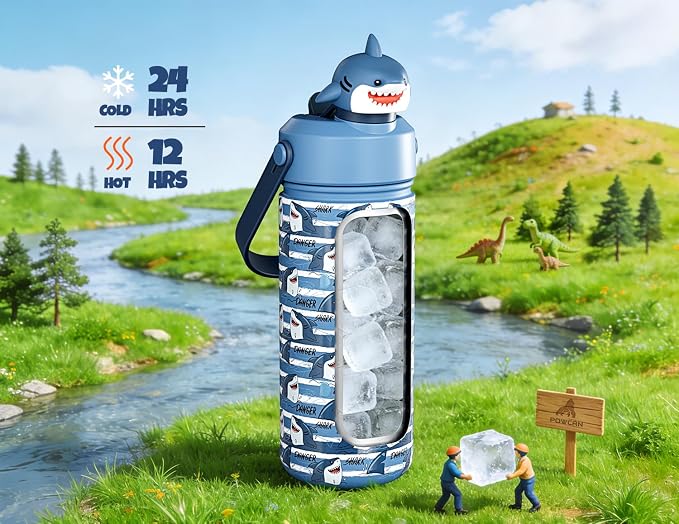 POWCAN 18 oz Insulated Water Bottle for School: 2-in-1 Straw Spout Lid with Soft Animal Head, Leakproof, BPA-Free, Keep Cold 24H, Easy Carry, Stainless Steel Cup for Kids, Boys, Girls (Baby Shark)
