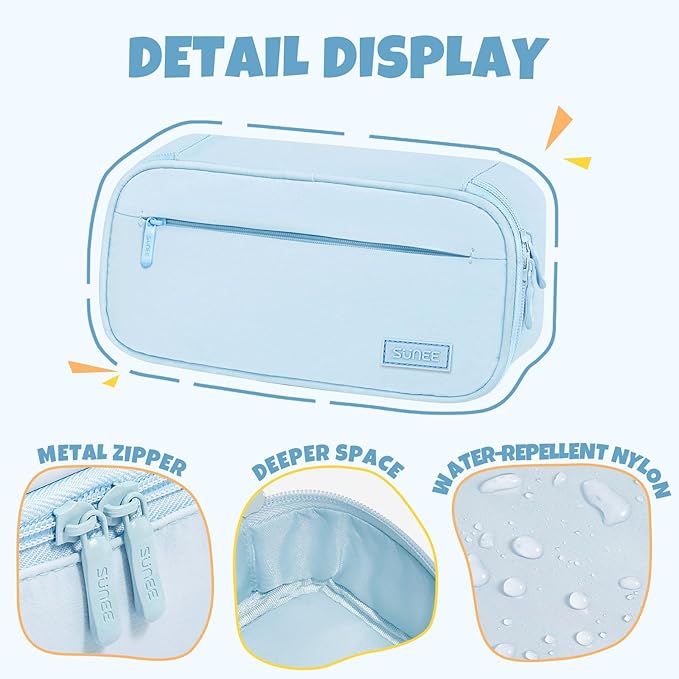 SUNEE Cute Pencil Case, Large Capacity Pencil Pouch, Big Storage Organizer for Stationery, Zipper Pen Bag,Back to School Supplies,Office Water-Repellent Nylon Pencil Bag for Teen Girls Boys,Light Blue