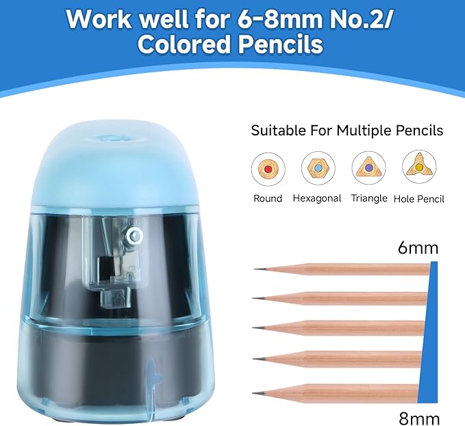 Battery-Operated Electric Pencil Sharpener with LED Light – Compact & Portable Pencil Sharpener for Home, School, or Office Use (Blue)