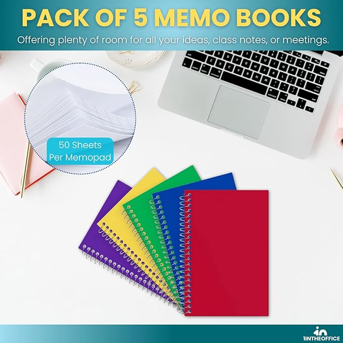 1InTheOffice Notepads 4x6 College Ruled, Assorted colors, 50 sheets/pad, 5 pack