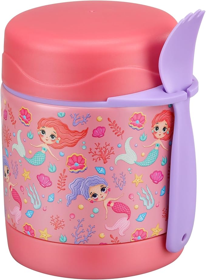 Pawtong 10oz Soup Thermo for Hot Food Kids Insulated Food Jar,Thermo Hot Food Lunch Container, Width Mouth Stainless Steel Lunch Box for Kids with Spoon (Pink-mermaid)