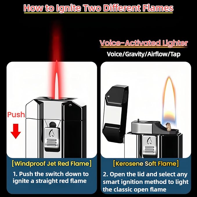 Smart Dual-Fuel Dual-Flame Lighter, Windproof Red Butane Torch & Kerosene Soft Flame, Arc Induction Ignition, Multiple Ignition Modes, Refillable & Rechargeable Lighters (Fuel Not Included)