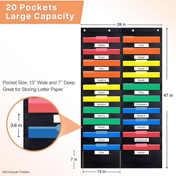 Opret 20 Pockets Storage Pocket Chart with 20 Nametag Pockets, Hanging Wall File Organizer for File Folders with 4 Hangers for Classroom, Office, School Mailbox Organizer and Home (Black)