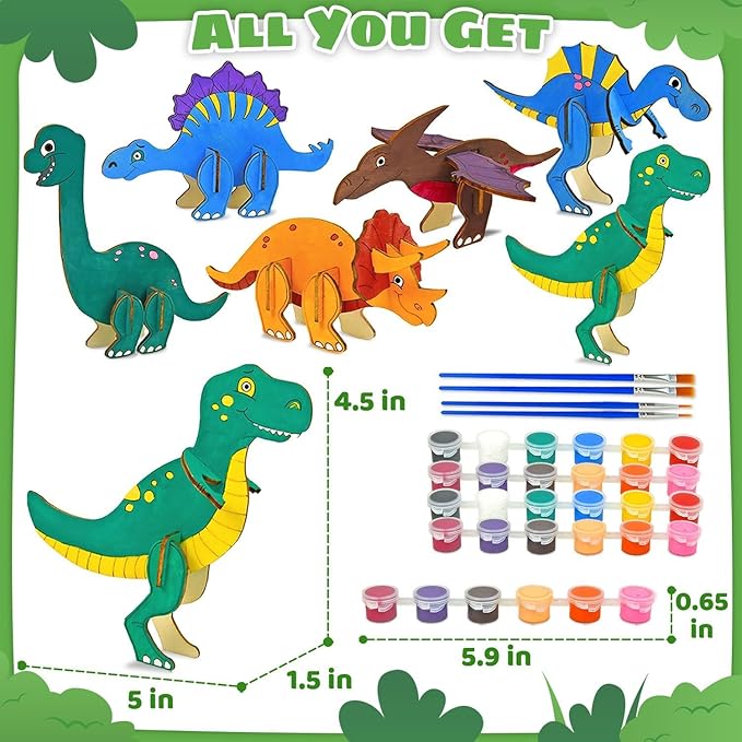 Vileafy Wooden Dinosaur Crafts for Kids Ages 4-8, 3D DIY Painting Kit with 6 Dinosaurs Toys, Brushes & Paint -Arts and Crafts - Preschool Activity and Gift for Boys and Girls