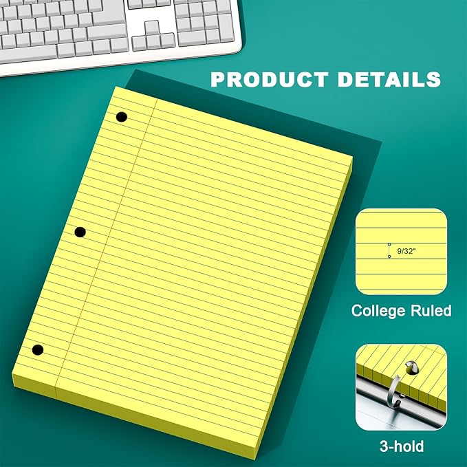 Yellow Note Pads 8 X 10.5 Loose Leaf Paper, 120Sheets, 3 Hole Punched Lined Paper, College Ruled 8 X 10.5 Notebooks, 10-1/2" X 8 Binder Writing Pads, Filler Paper for Office, School Supplies