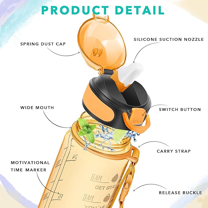 Enerbone 32 oz Water Bottle with Times to Drink and Straw, Motivational Drinking Water Bottles with Carrying Strap, Leakproof BPA & Toxic Free, Ensure You Drink Enough Water for Fitness Gym Outdoor