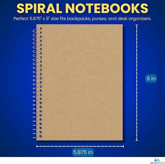 1InTheOffice Wirebound Spiral College Ruled Notebook 6 x 9, 3 Subject Notepad, Kraft Cover, 100 Sheets, (4/Pack)