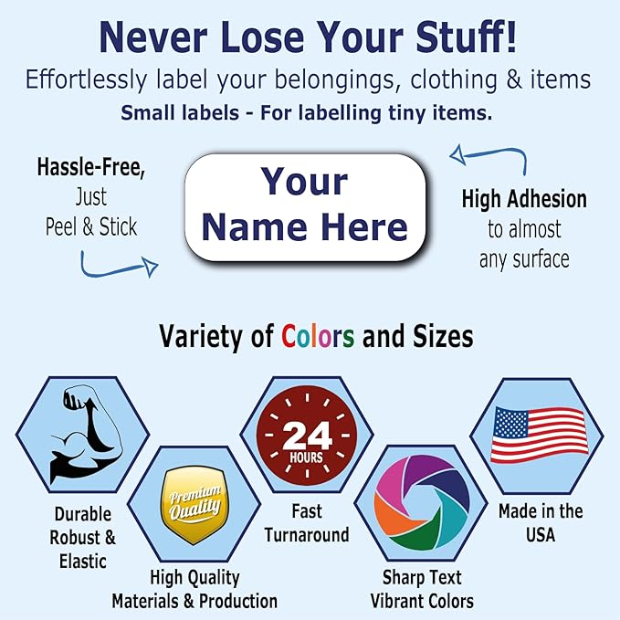 120 Small Personalized Waterproof Name Labels. Press and Stick Multi use Custom Mini Name Labels. Customized 2 Lines of Text and Color. Tiny Name Stickers with Permanent Self Adhesive.