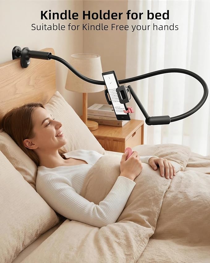 SAIJI 47" Gooseneck Kindle Holder, Tablet Holder for Bed with Upgraded Base, iPad Stand with Flexible Lazy Arm, Compatible with iPad mini Pro Air, Kindle, Galaxy or Other 4.7-11" Device (Black)