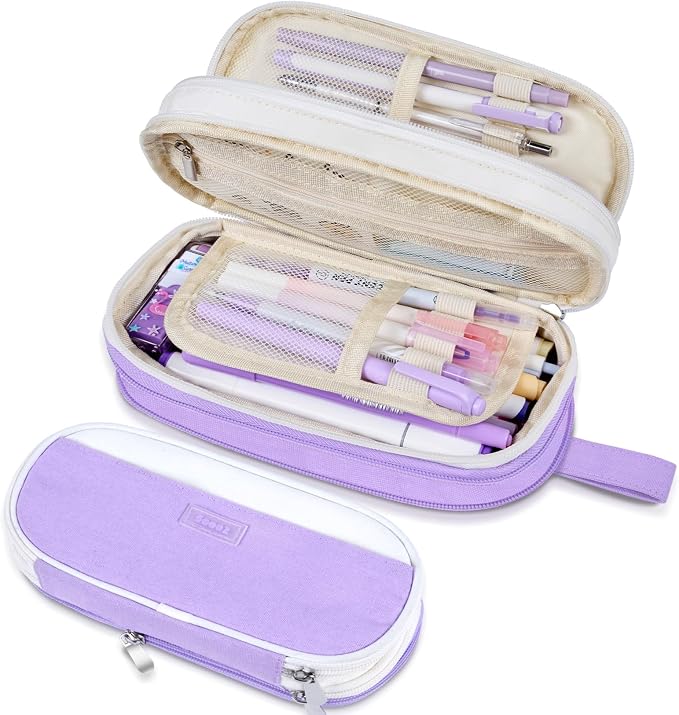 Sooez Large Pencil Case, Expandable Pencil Bag Pouch, Pen Bag with Zipper | Ample Storage, Durable Canvas, Smooth Zippers, Portable Handle, Cute Stationery Organizer, Makeup Bag, School Supplies, Girls