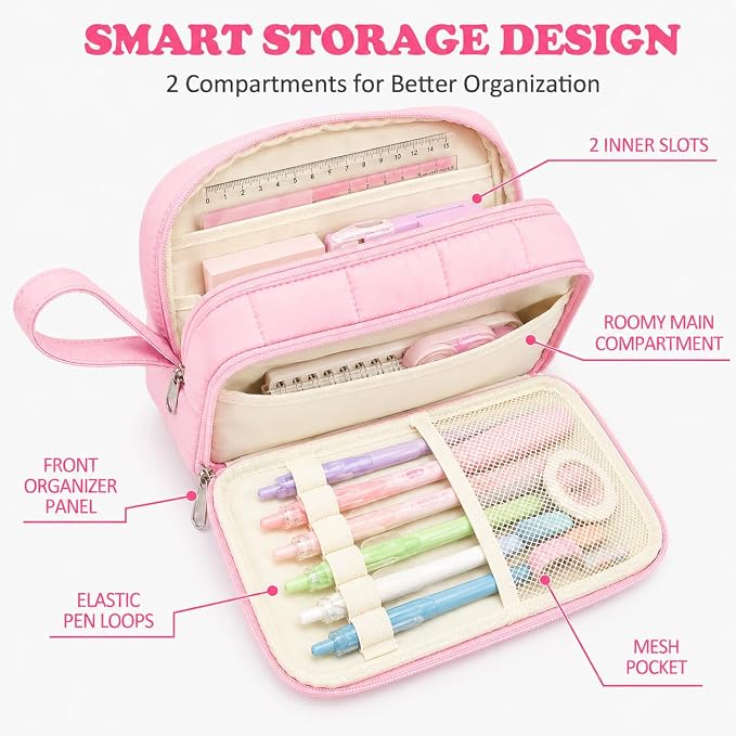 Puffer Quilted Pencil Pouch for Women, Large Capacity Organizer Bag with Multiple Compartments, Cute Aesthetic Pencil Case for Office, Travel & Daily Essentials(pink)