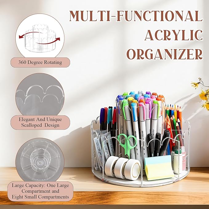 Scalloped Acrylic Pencil Holder Desk Organizer with 9 Compartments 360 Degree Rotating Pencil Organizer Desktop Storage Caddy for Pen Crayon Marker Art Supply for Office Home School