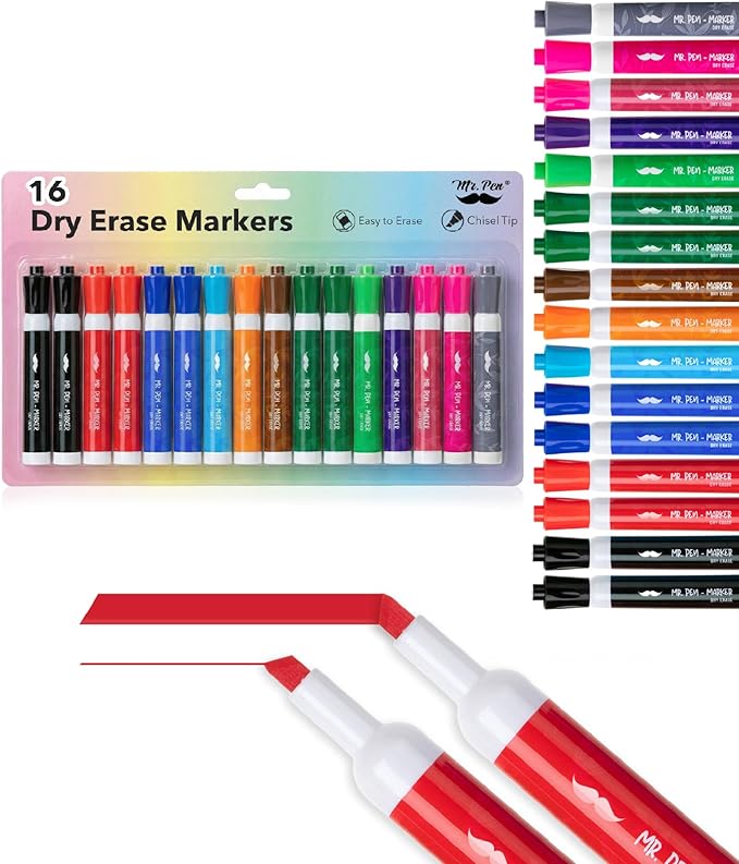 Mr. Pen- Dry Erase Markers, 16 Pack, Assorted Colors, Low Odor Ink, Chisel Tip, White Board Markers Dry Erase, Ideal for Classroom, Back to School Supplies, Teachers, Office, Whiteboard & Home