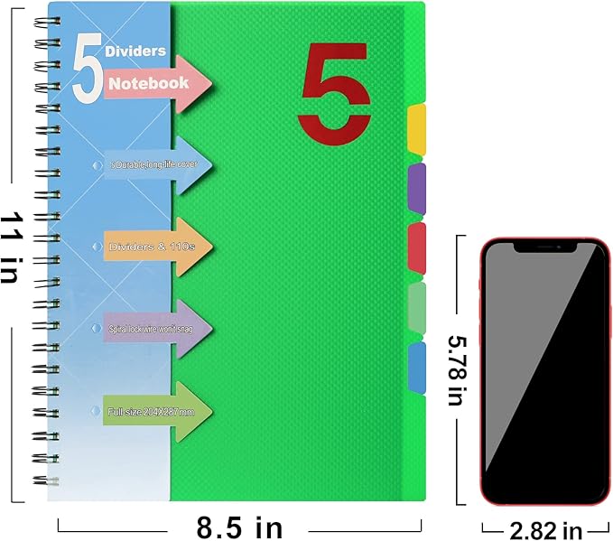 CAGIE Spiral Notebook 8.5 x 11 with Dividers 5 Subject Notebook with Tabs Wide Ruled A4 Spiral Bound Journal for Note Taking Work School Supplies, 220 Pages, Green