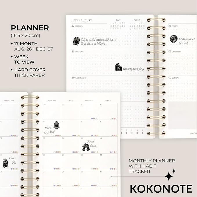 KOKONOTE Planner 2026-2027 Hokusai - Planner for Women 17 Month (Aug 26/ Dec 27) | Weekly & Monthly Academic Planner 2026-2027 | 6.4" x 7.9" | Hardcover Agenda 2026 | Thick paper 120 g/m²