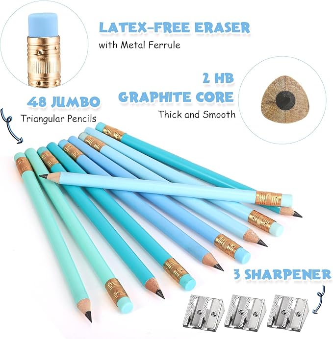Fainne 48 Pcs Fat Pencils Jumbo Big Thick Large Pencils and 3 Pieces Sharpeners for Kids Beginners Preschoolers Kindergarten School Office Supplies(Turquoise Blue Series,Triangle)