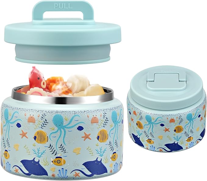 JXXM 8 Oz Thermo Food Jar for Hot & Cold Food for Kids, Insulated Lunch Containers Hot Food Jar,Leak-Proof Vacuum Stainless Steel Wide Mouth Lunch Soup Thermo for School (Blue-Octopus)