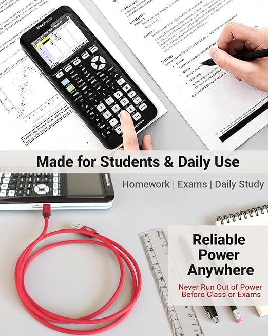 USB Power & Data Cable for TI-84 Plus CE Graphing Calculators, Mini-USB Charging Cord 3.3FT, Nylon Braided, Red