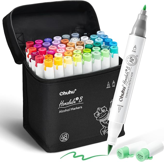 Ohuhu Alcohol Markers Brush and Fine Tip - 48-Color Alcohol-based Art Sketch Marker Set for Artist Adults Coloring Illustration - Brush and Fine Dual Tips- Honolulu 2B - Refillable - AP Certificated